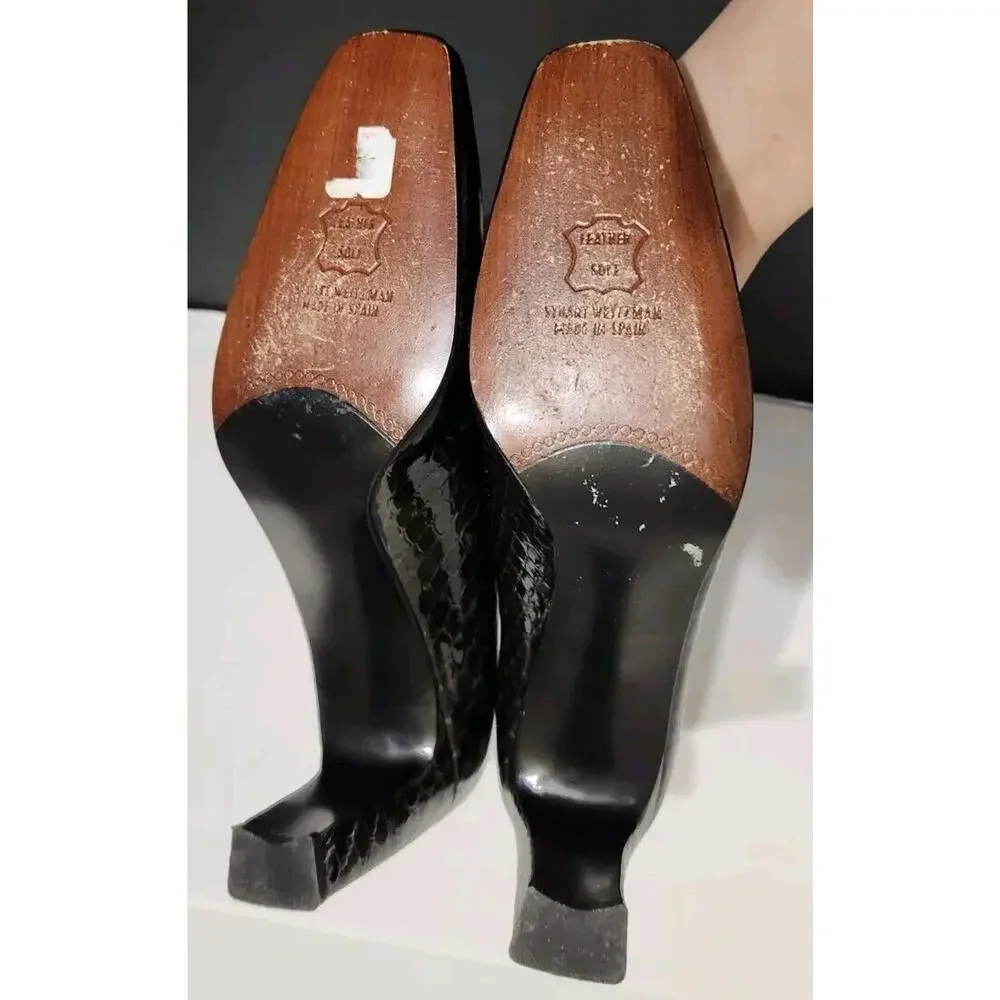 Stuart Weitzman Womens Exotic Snakeskin Black Leather Square Toe‎ Pumps 9 AA